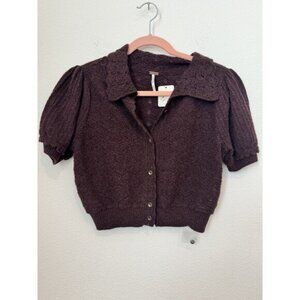 Free People Women's Purple Edie Cashmere Cardigan Crop Pleated Puff Sleeve Small